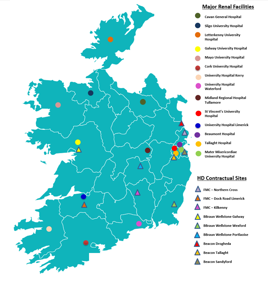 Infographic of the locations of renal facilities and dialysis units across Ireland